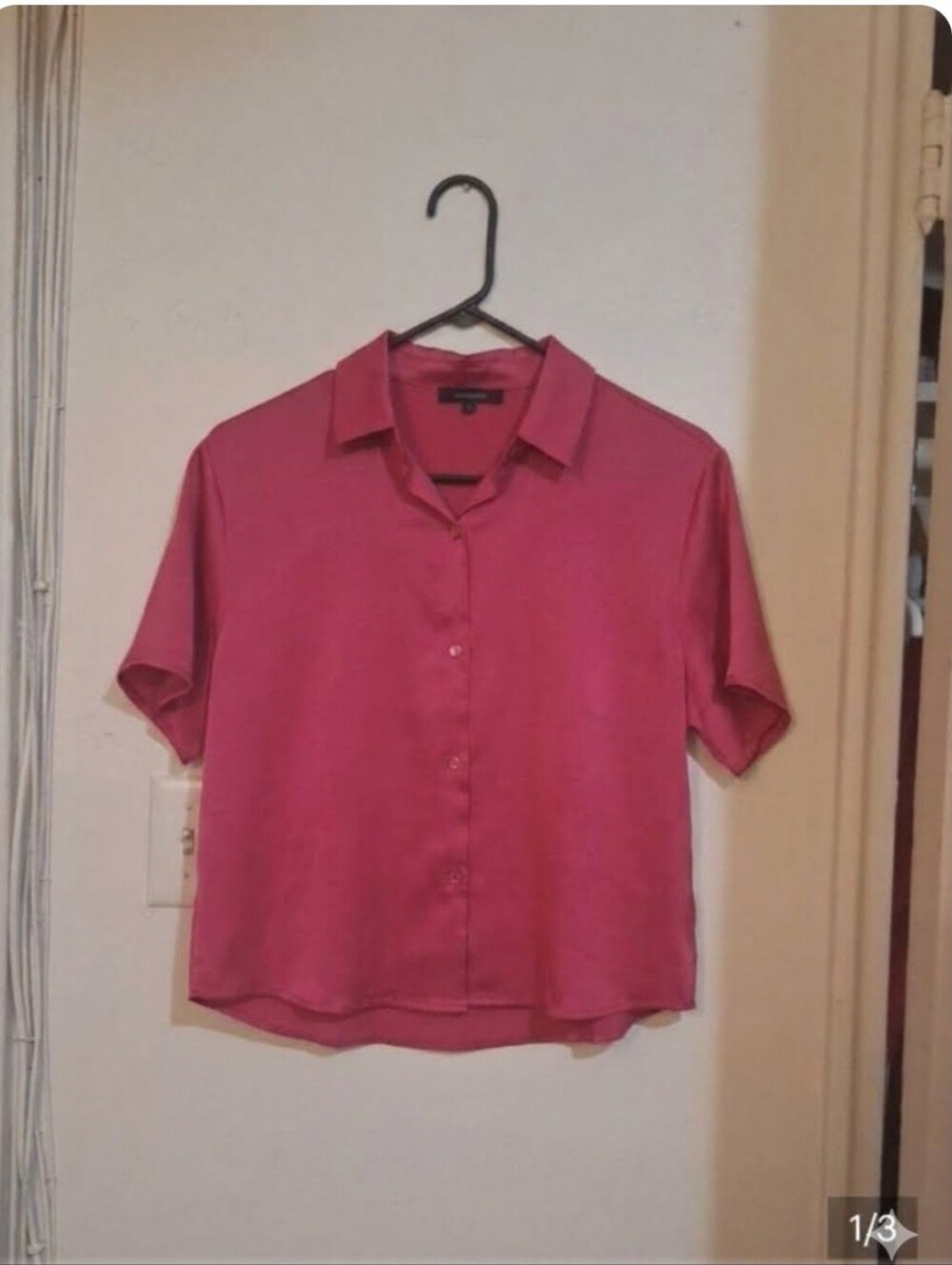 Ambiance Short-Sleeve Button Front Shirt in Hot Pink